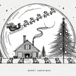 Illustration of bulldogs in front of a cozy dog house with a fire roaring and santa towed by bulldogs crossing over a full moon.