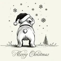 Illustration of a bulldog from behind, watching the snow fall.