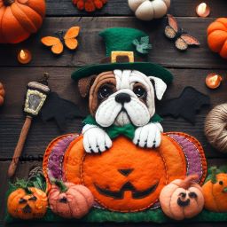 A felt collage of a bulldog popping out of a pumpkin wearing a green top hat and bat wings.